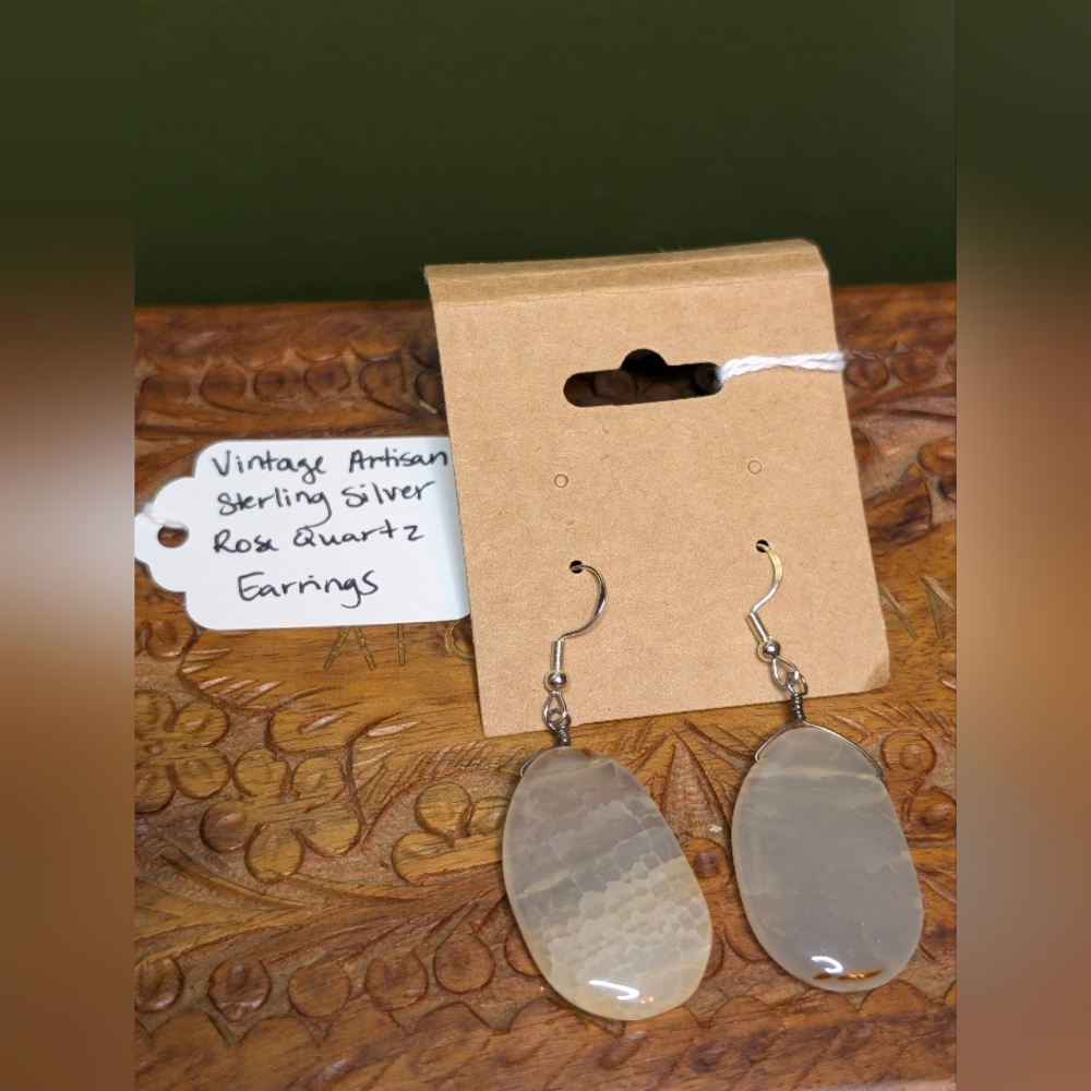 💥SALE💥 Vintage Artisan Made Sterling Silver Rose Quartz Dangle Earrings